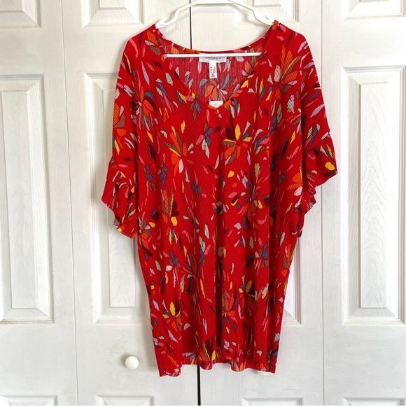 Addition Elle V Neck Ruffle Sleeve Floral Red Top 2X NWT - Picture 2 of 8